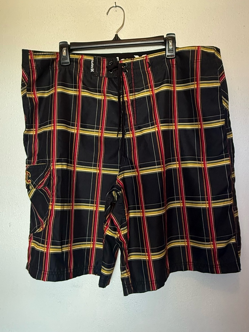 Hurley Black Swim Shorts with Red & Yellow Plaid